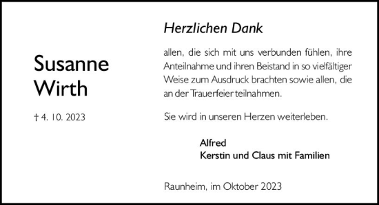 Traueranzeige von Susanne Wirth von Rüsselsheimer Echo