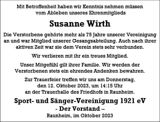 Traueranzeige von Susanne Wirth von Rüsselsheimer Echo