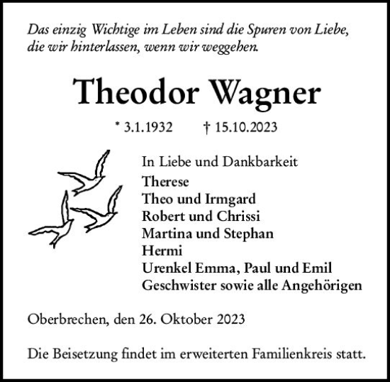 Traueranzeige von Theodor Wagner von Nassauische Neue Presse