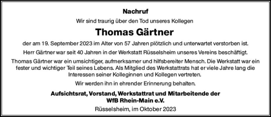 Traueranzeige von Thomas Gärtner von Rüsselsheimer Echo