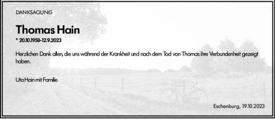 Traueranzeige von Thomas Hain von Dill Block