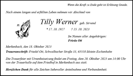Traueranzeige von Tilly Werner von Dill Block