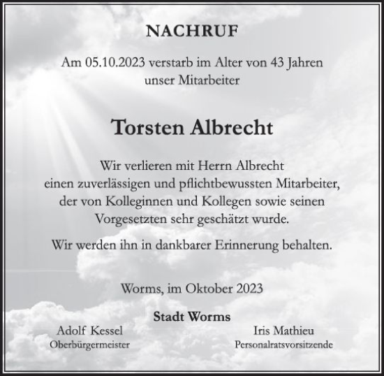 Traueranzeige von Torsten Albrecht von Wormser Zeitung