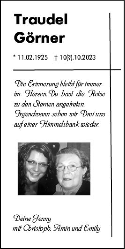 Traueranzeige von Traudel Görner von Odenwälder Echo