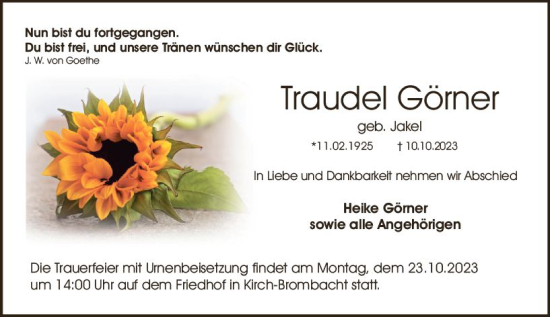Traueranzeige von Traudel Görner von Odenwälder Echo