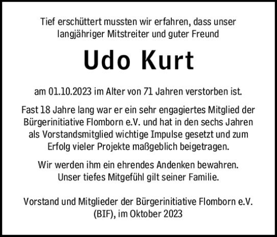 Traueranzeige von Udo Kurt von Allgemeine Zeitung Alzey