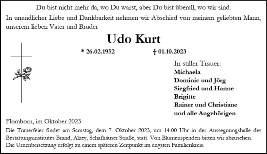 Traueranzeige von Udo Kurt von Allgemeine Zeitung Alzey