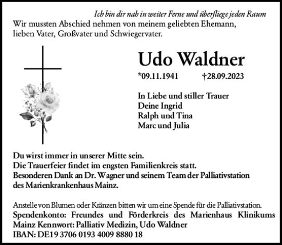 Traueranzeige von Udo Waldner von Allgemeine Zeitung Mainz