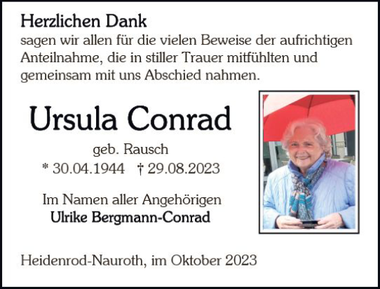 Traueranzeige von Ursula Conrad von Wiesbadener Kurier