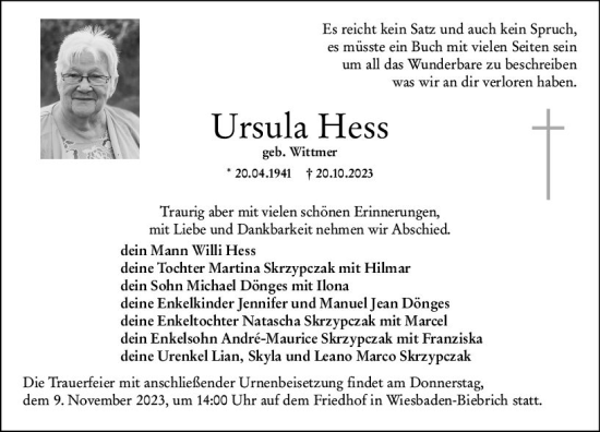 Traueranzeige von Ursula Hess von Wiesbadener Kurier
