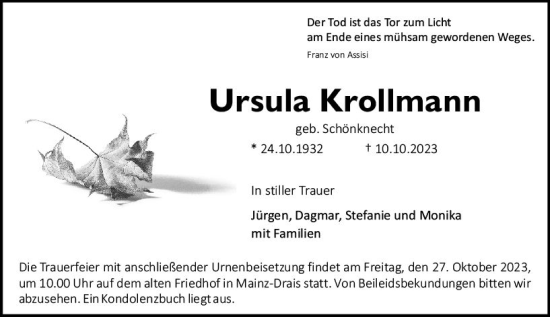 Traueranzeige von Ursula Krollmann von Allgemeine Zeitung Mainz