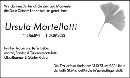 Traueranzeige von Ursula Martellotti von Bingen/Ingelheim WOBL inkl. Neue Binger Ztg.