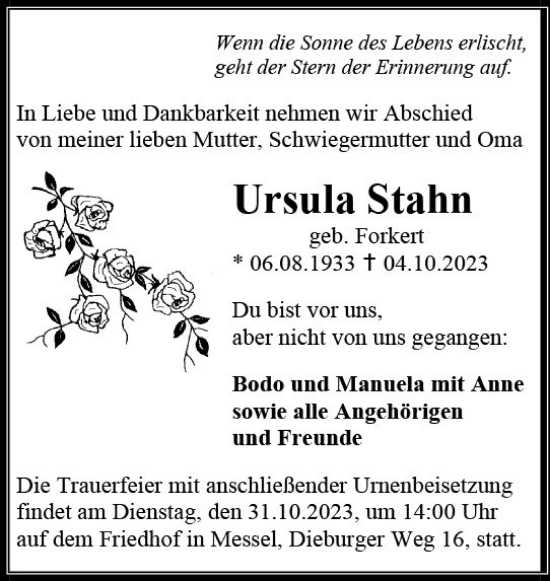 Traueranzeige von Ursula Stahn von Darmstädter Echo