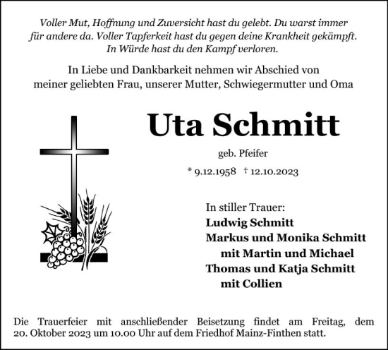 Traueranzeige von Uta Schmitt von Allgemeine Zeitung Mainz