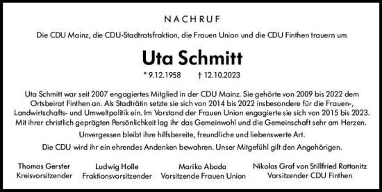 Traueranzeige von Uta Schmitt von Allgemeine Zeitung Mainz