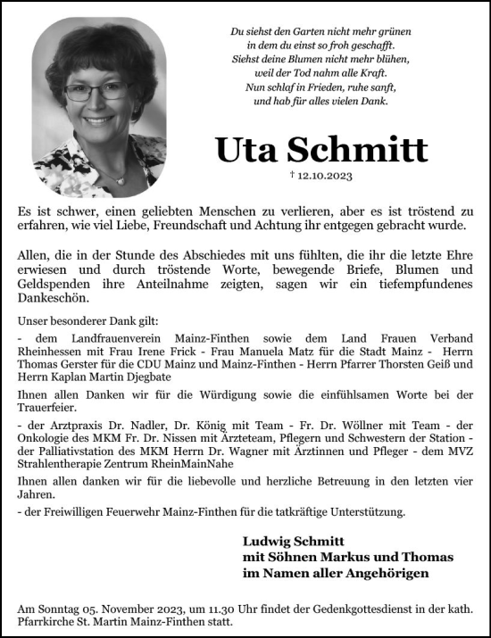 Traueranzeige von Uta Schmitt von Allgemeine Zeitung Mainz