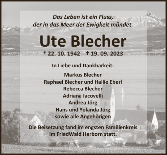 Traueranzeige von Ute Blecher von Dill Block