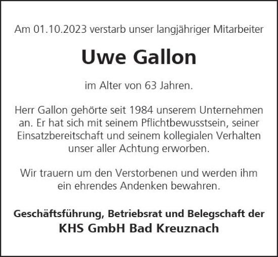Traueranzeige von Uwe Gallon von Allgemeine Zeitung Bad Kreuznach