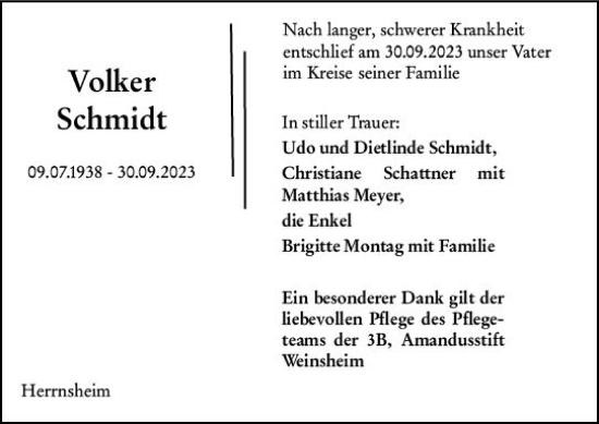 Traueranzeige von Volker Schmidt von Wormser Zeitung