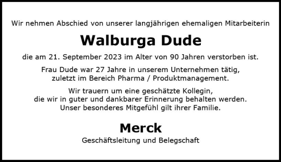 Traueranzeige von Walburga Dude von Darmstädter Echo