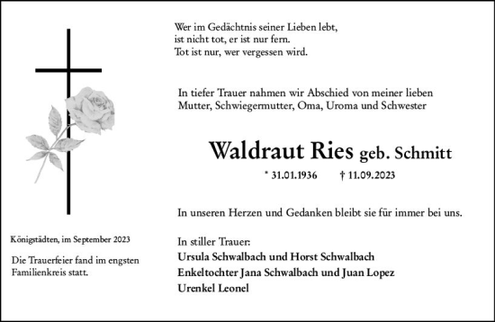 Traueranzeige von Waldraut Ries von Rüsselsheimer Echo