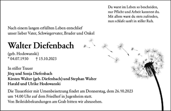 Traueranzeige von Walter Diefenbach von Darmstädter Echo
