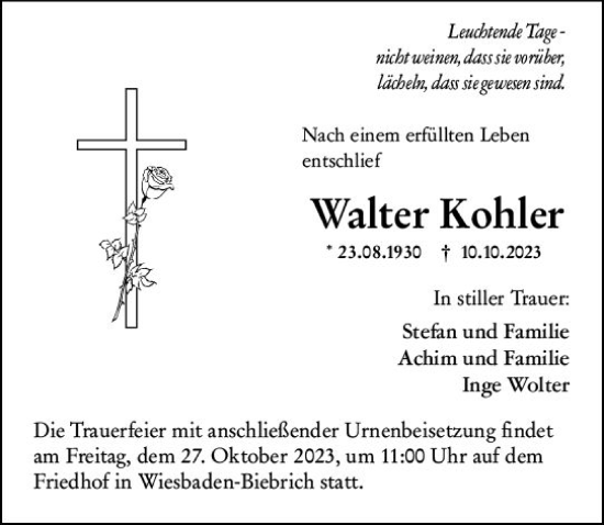 Traueranzeige von Walter Kohler von Wiesbadener Kurier