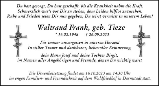 Traueranzeige von Waltraud Frank von Südhessen Wochenblatt Darmstadt