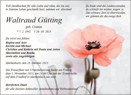 Traueranzeige von Waltraud Gütting von Dill Block