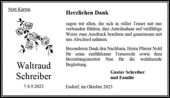 Traueranzeige von Waltraud Schreiber von Oberhessen Kurier