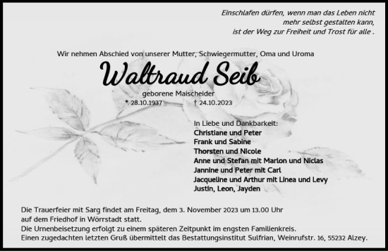 Traueranzeige von Waltraud Seib von Allgemeine Zeitung Alzey