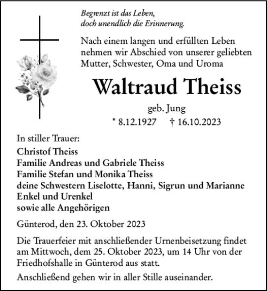 Traueranzeige von Waltraud Theiss von Hinterländer Anzeiger