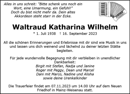 Traueranzeige von Waltraud Katharina Wilhelm von Allgemeine Zeitung Mainz