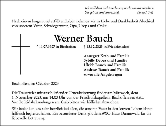 Traueranzeige von Werner Bauch von Dill Block