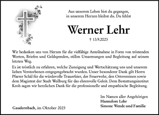 Traueranzeige von Werner Lehr von Weilburger Tageblatt
