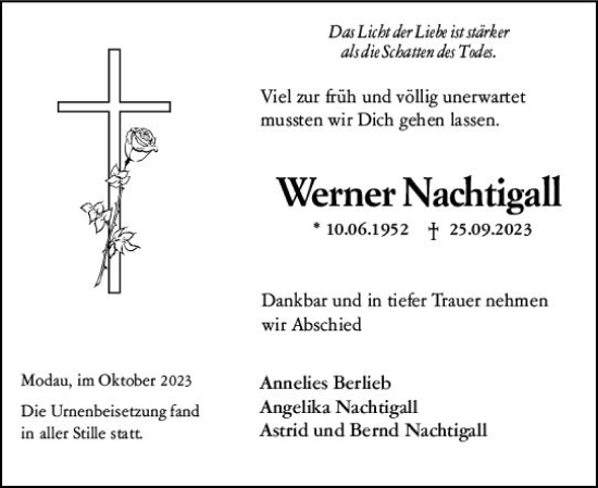 Traueranzeige von Werner Nachtigall von Darmstädter Echo