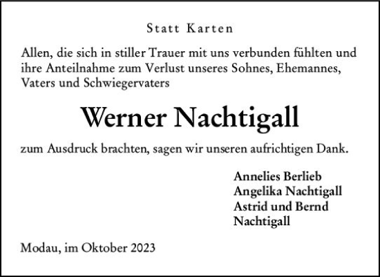 Traueranzeige von Werner Nachtigall von Darmstädter Echo