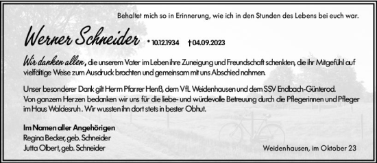 Traueranzeige von Werner Schneider von Hinterländer Anzeiger