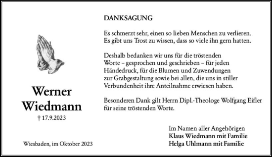 Traueranzeige von Werner Wiedmann von Wiesbadener Kurier