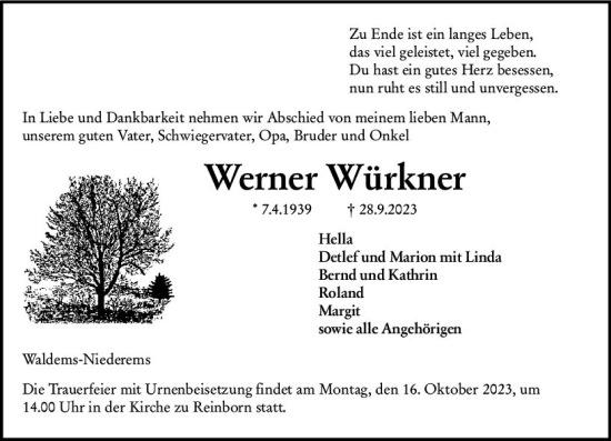 Traueranzeige von Werner Würkner von Camberger Anzeiger