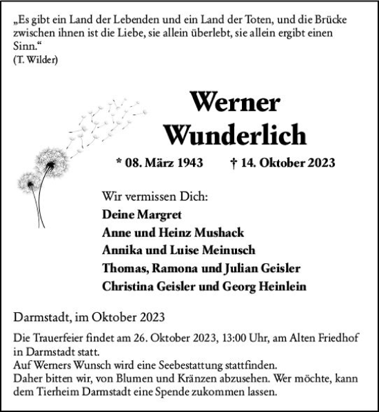 Traueranzeige von Werner Wunderlich von Darmstädter Echo