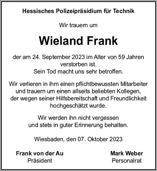 Traueranzeige von Wieland Frank von Wiesbadener Kurier