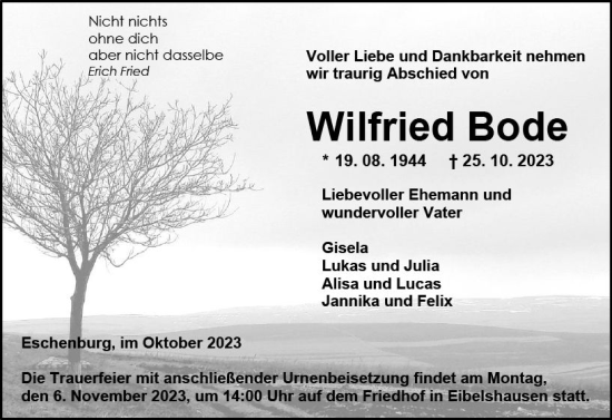 Traueranzeige von Wilfried Bode von Dill Block