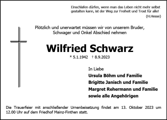 Traueranzeige von Wilfried Schwarz von Allgemeine Zeitung Mainz