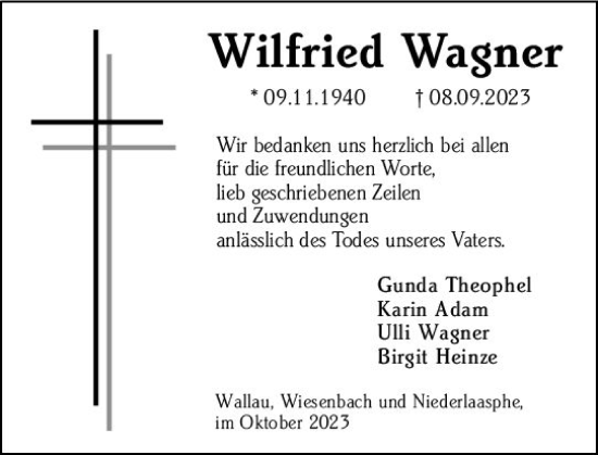 Traueranzeige von Wilfried Wagner von Hinterländer Anzeiger