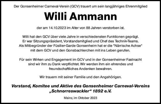 Traueranzeige von Willi Ammann von Allgemeine Zeitung Mainz