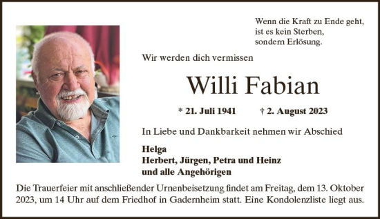 Traueranzeige von Willi Fabian von Odenwälder Echo