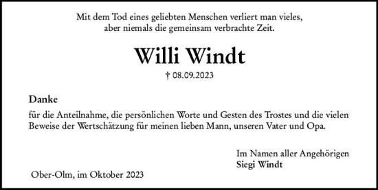 Traueranzeige von Willi Windt von Allgemeine Zeitung Mainz