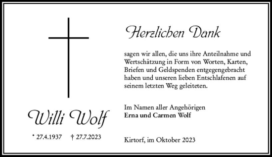 Traueranzeige von Willi Wolf von VRM Trauer