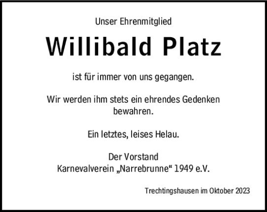 Traueranzeige von Willibald Platz von Allgemeine Zeitung Bingen/Ingelheim